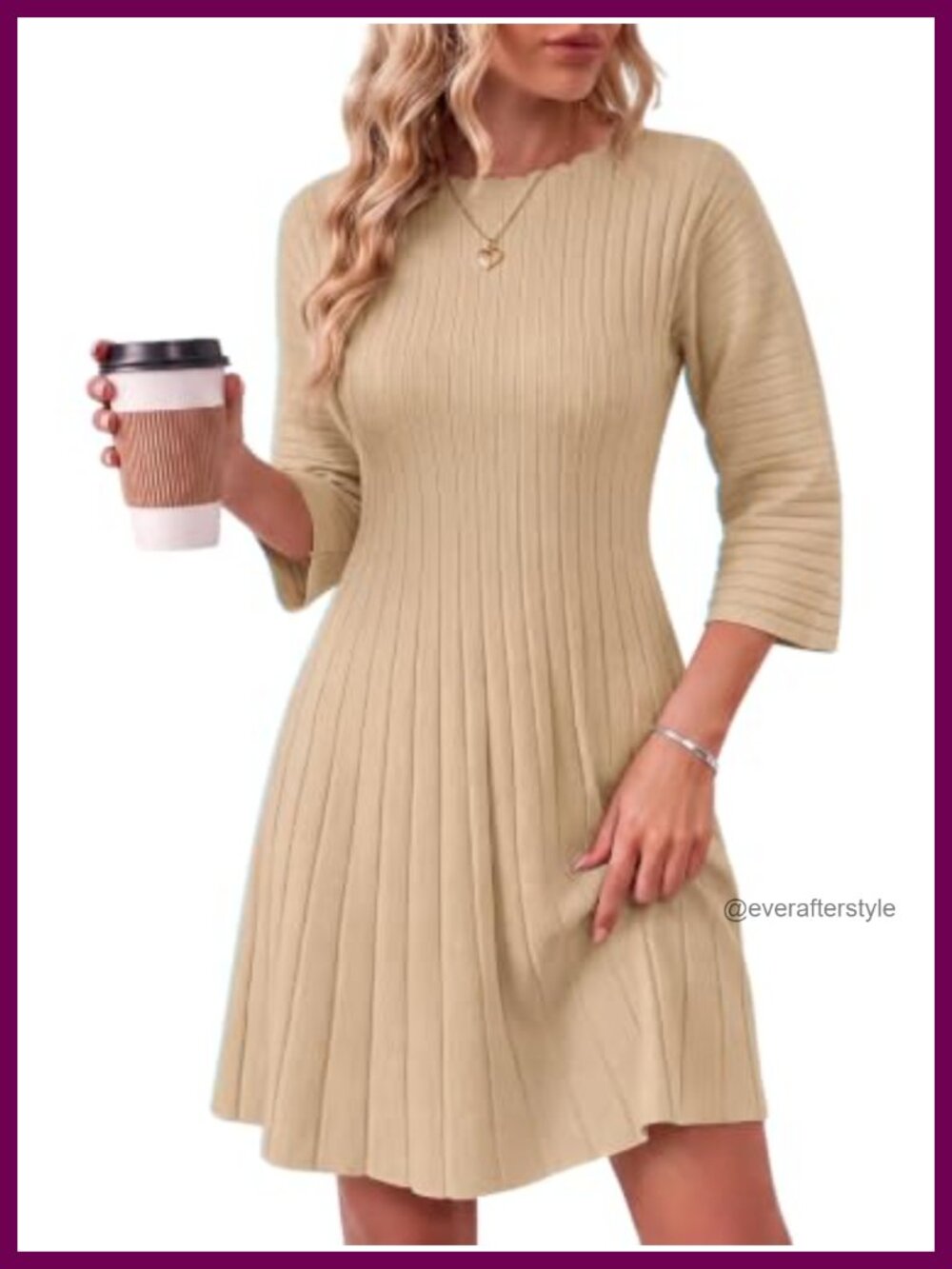 Imily Bela Scalloped Trim 3/4 Sleeve Ribbed Knit A-Line Mini Dress
